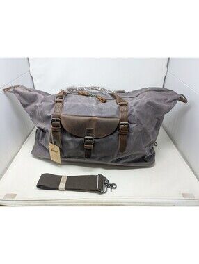 NEWHEY Waxed Canvas Duffle Bag Leather Trim Gray Travel Overnight Weekender